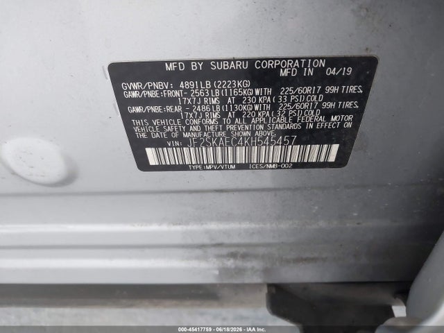Aukcja sprzedaży 2019 Subaru Forester Premium, vin: JF2SKAEC4KH545457, numer aukcji: 45417759