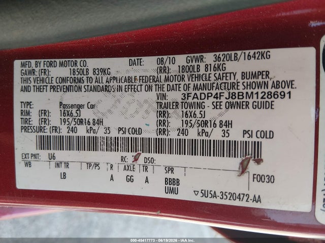 2011 Ford Fiesta Ses მანქანა იყიდება აუქციონზე, vin: 3FADP4FJ8BM128691, აუქციონის ნომერი: 45417773