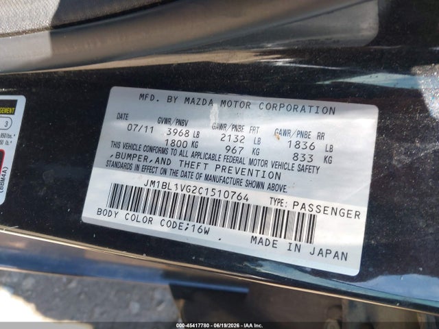 45417780 :رقم المزاد ، JM1BL1VG2C1510764 vin ، 2012 Mazda Mazda3 I Touring مزاد بيع