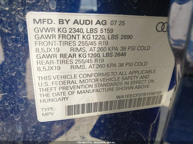 Aukcja sprzedaży 2025 Audi Q3 Premium 45 Tfsi S Line Quattro Tiptronic, vin: WA1EECF37S1108729, numer aukcji: 45417792