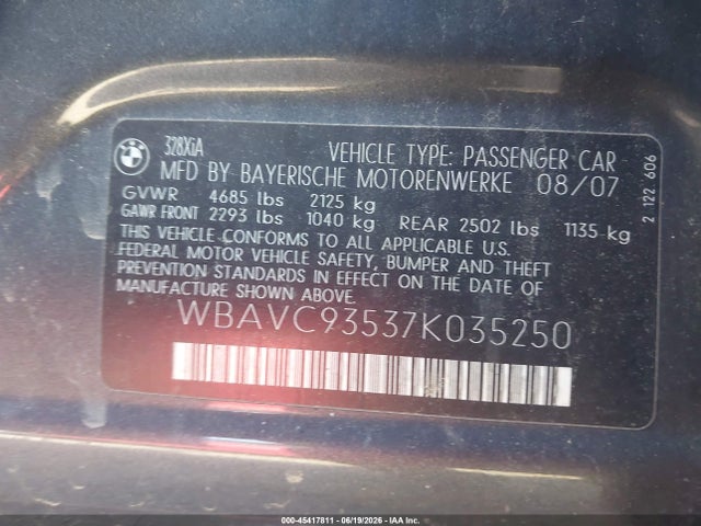 Продажа на аукционе авто 2007 Bmw 328xi, vin: WBAVC93537K035250, номер лота: 45417811