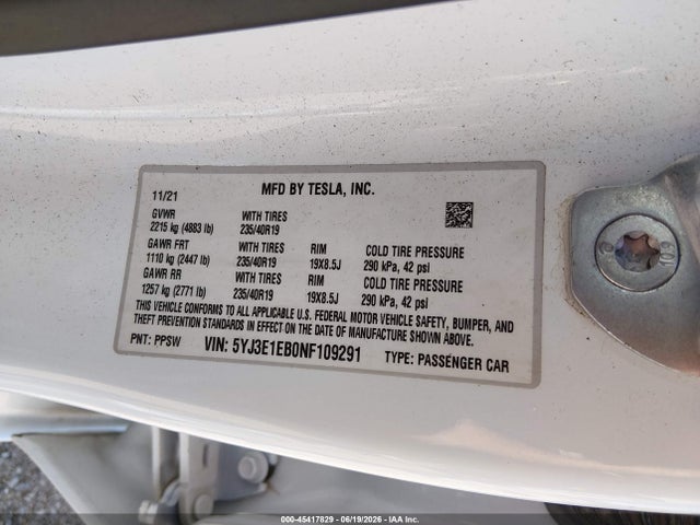 45417829 :رقم المزاد ، 5YJ3E1EB0NF109291 vin ، 2022 Tesla Model 3 Long Range Dual Motor All-wheel Drive مزاد بيع