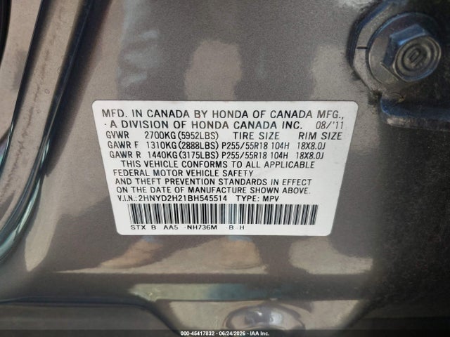 45417832 :رقم المزاد ، 2HNYD2H21BH545514 vin ، 2011 Acura Mdx مزاد بيع