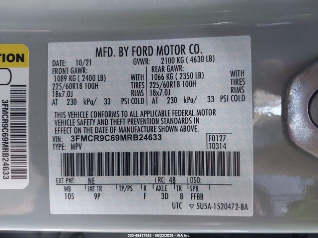 Продаж на аукціоні авто 2021 Ford Bronco Sport Outer Banks, vin: 3FMCR9C69MRB24633, номер лоту: 45417863