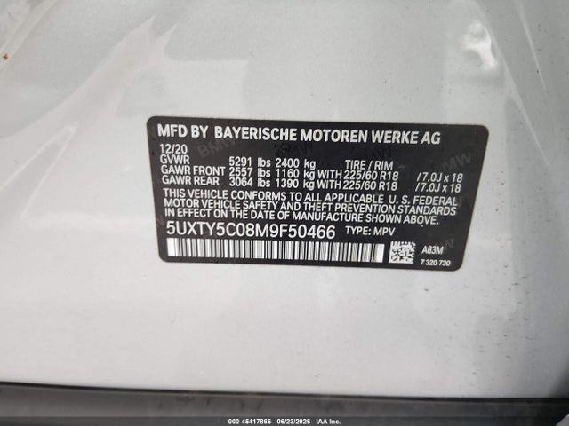 Продажа на аукционе авто 2021 Bmw X3 Xdrive30i, vin: 5UXTY5C08M9F50466, номер лота: 45417866