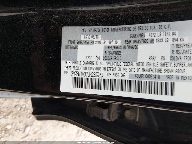 45417871 :رقم المزاد ، 3MZBN1V37JM232920 vin ، 2018 Mazda Mazda3 Touring مزاد بيع