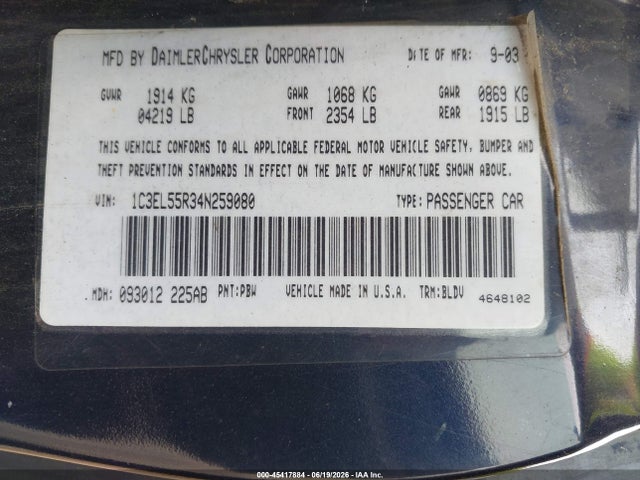 Aukcja sprzedaży 2004 Chrysler Sebring Lxi, vin: 1C3EL55R34N259080, numer aukcji: 45417884