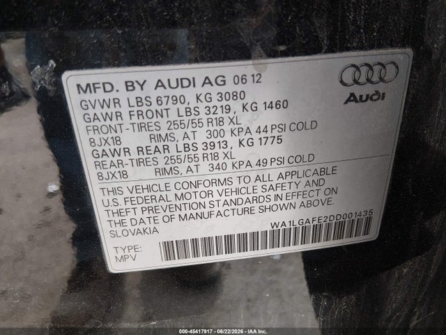45417917 :رقم المزاد ، WA1LGAFE2DD001435 vin ، 2013 Audi Q7 3.0t Premium مزاد بيع