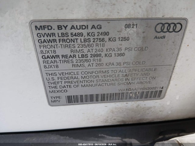 45417918 :رقم المزاد ، WA1GAAFY6N2002114 vin ، 2022 Audi Q5 Premium 45 Tfsi S Line Quattro S Tronic مزاد بيع