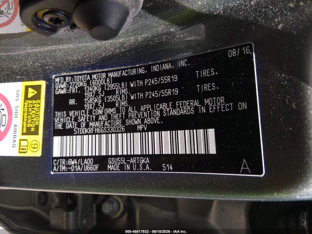 45417932 :رقم المزاد ، 5TDDKRFH6GS330326 vin ، 2016 Toyota Highlander Limited V6 مزاد بيع