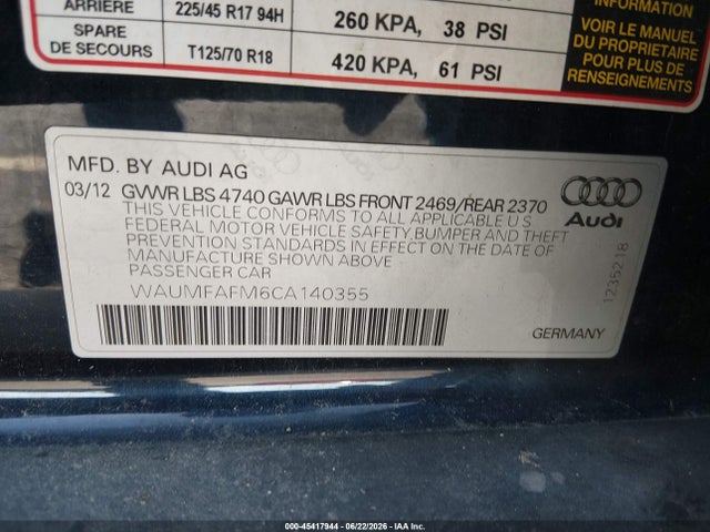2012 Audi A3 2.0t Premium Plus მანქანა იყიდება აუქციონზე, vin: WAUMFAFM6CA140355, აუქციონის ნომერი: 45417944