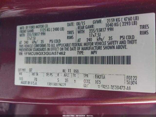 Ford ESCAPE SE 2016 1FMCU9GX3GUA57462 Image 9
