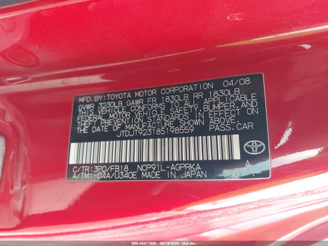 2008 Toyota Yaris მანქანა იყიდება აუქციონზე, vin: JTDJT923185198559, აუქციონის ნომერი: 45417988