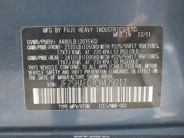 Auction sale of the 2012 Subaru Forester 2.5x Limited, vin: JF2SHAEC7CH429217, lot number: 45417991