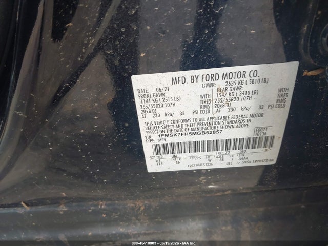Продажа на аукционе авто 2021 Ford Explorer Limited, vin: 1FMSK7FH5MGB52857, номер лота: 45418003