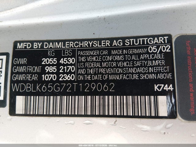 2002 Mercedes-benz Clk 320 მანქანა იყიდება აუქციონზე, vin: WDBLK65G72T129062, აუქციონის ნომერი: 45418016