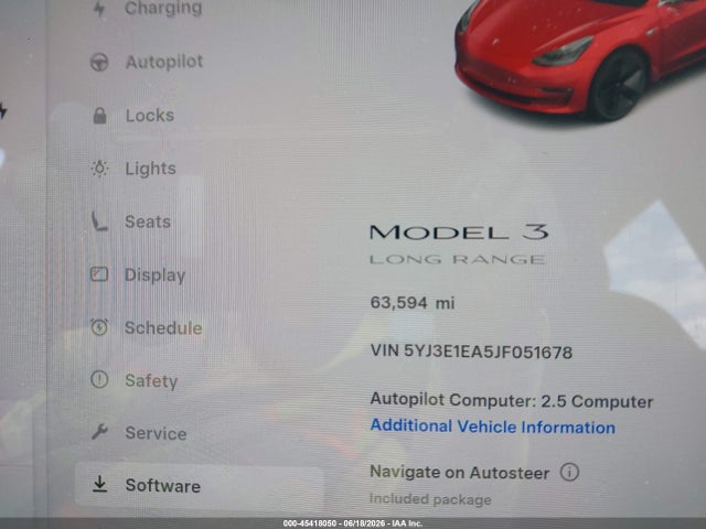 45418050 :رقم المزاد ، 5YJ3E1EA5JF051678 vin ، 2018 Tesla Model 3 Long Range/mid Range مزاد بيع