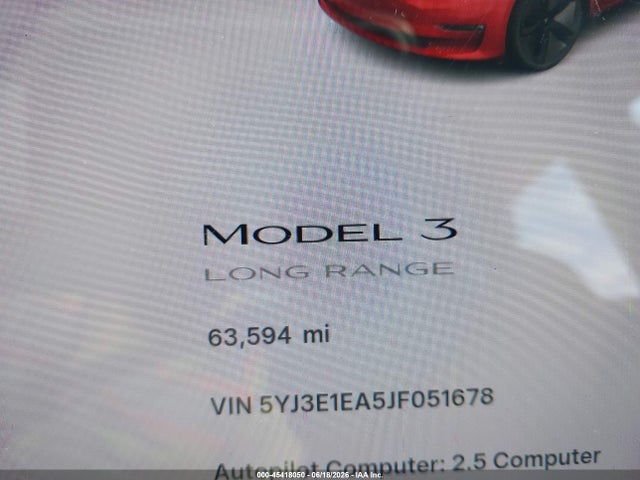 45418050 :رقم المزاد ، 5YJ3E1EA5JF051678 vin ، 2018 Tesla Model 3 Long Range/mid Range مزاد بيع