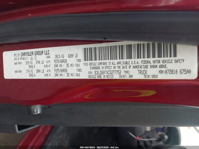 Aukcja sprzedaży 2012 Ram 1500 St, vin: 3C6JD6ATXCG277752, numer aukcji: 45418054