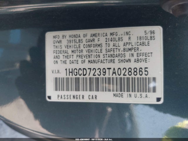 45418067 :رقم المزاد ، 1HGCD7239TA028865 vin ، 1996 Honda Accord Lx مزاد بيع