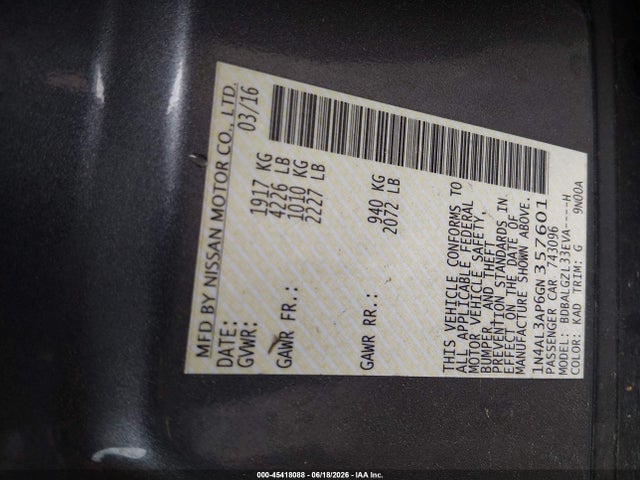 Aukcja sprzedaży 2016 Nissan Altima 2.5 S, vin: 1N4AL3AP6GN357601, numer aukcji: 45418088