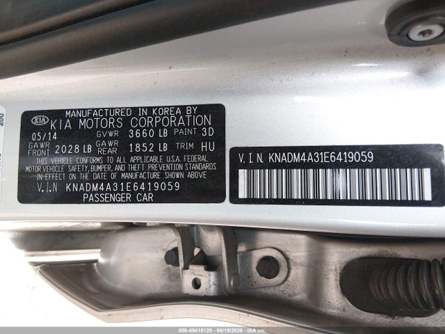 45418120 :رقم المزاد ، KNADM4A31E6419059 vin ، 2014 Kia Rio Lx مزاد بيع