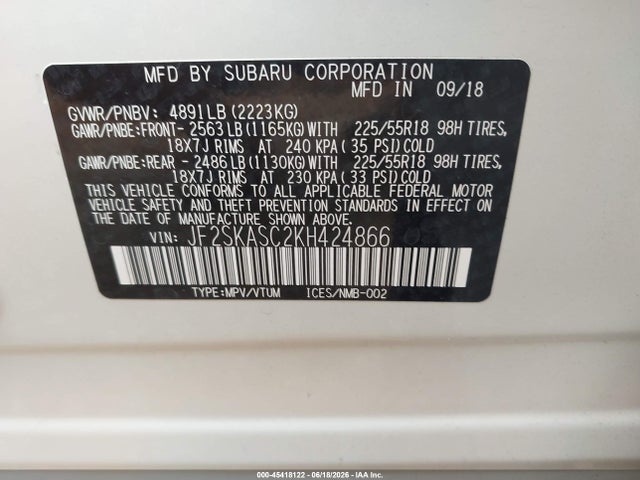 45418122 :رقم المزاد ، JF2SKASC2KH424866 vin ، 2019 Subaru Forester Limited مزاد بيع