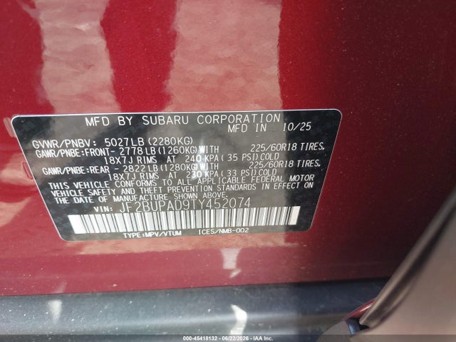 45418132 :رقم المزاد ، JF2BUPAD9TY452074 vin ، 2026 Subaru Outback Premium مزاد بيع