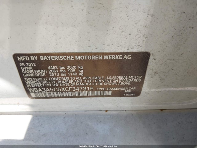45418146 :رقم المزاد ، WBA3A5C5XCF347316 vin ، 2012 Bmw 328i مزاد بيع