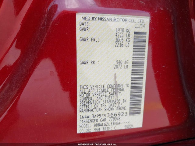 Nissan Altima 2.5 S 2015 1N4AL3AP9FN366923 Image 9