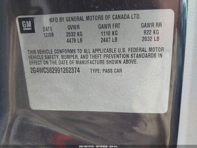 Aukcja sprzedaży 2009 Buick Lacrosse Cx, vin: 2G4WC582991262374, numer aukcji: 45418163