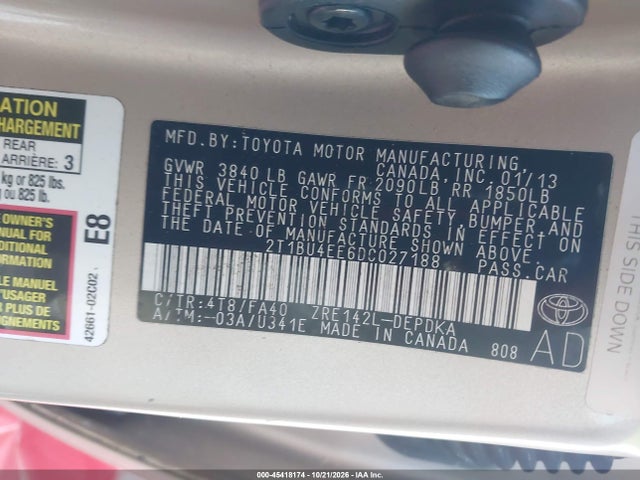 45418174 :رقم المزاد ، 2T1BU4EE6DC027188 vin ، 2013 Toyota Corolla L مزاد بيع