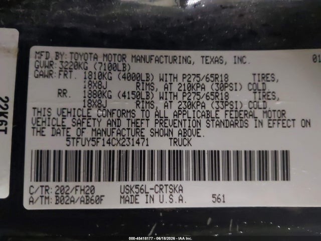 Продажа на аукционе авто 2012 Toyota Tundra Grade 5.7l V8, vin: 5TFUY5F14CX231471, номер лота: 45418177