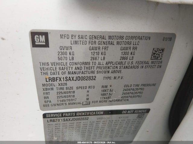 45418178 :رقم المزاد ، LRBFX1SAXJD082832 vin ، 2018 Buick Envision Essence مزاد بيع