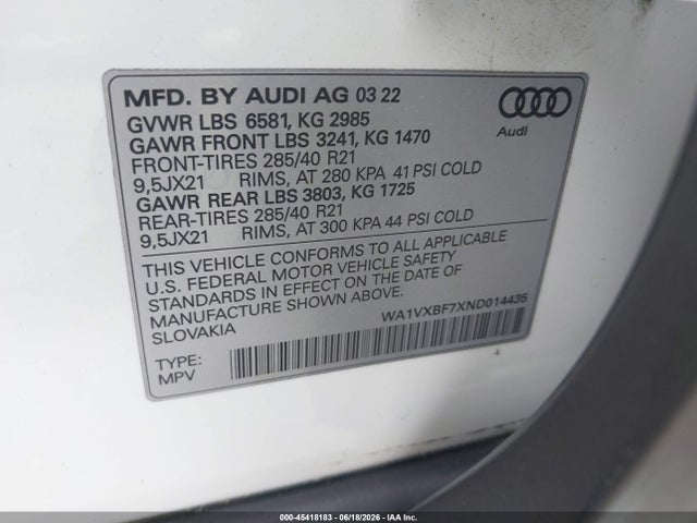 Aukcja sprzedaży 2022 Audi Q7 Prestige 55 Tfsi Quattro Tiptronic, vin: WA1VXBF7XND014435, numer aukcji: 45418183