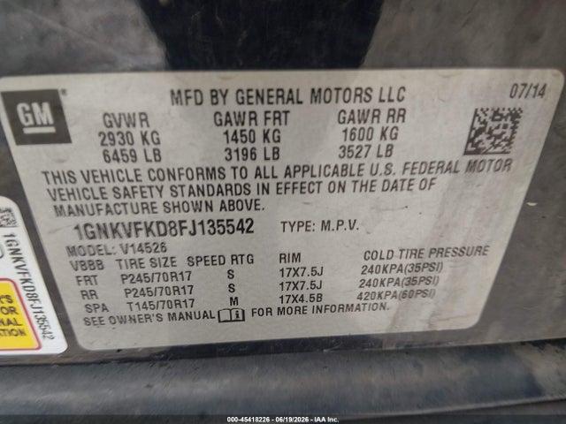 Chevrolet Traverse Ls 2015 1GNKVFKD8FJ135542 Image 9