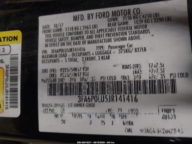 45418231 :رقم المزاد ، 3FA6P0LU5JR141416 vin ، 2018 Ford Fusion Hybrid Se مزاد بيع