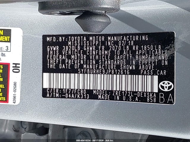 Продаж на аукціоні авто 2018 Toyota Corolla Se, vin: 5YFBURHE9JP812616, номер лоту: 45418234