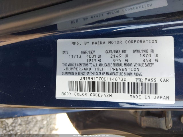 Aukcja sprzedaży 2014 Mazda Mazda3 I Sv, vin: JM1BM1T70E1148730, numer aukcji: 45418239