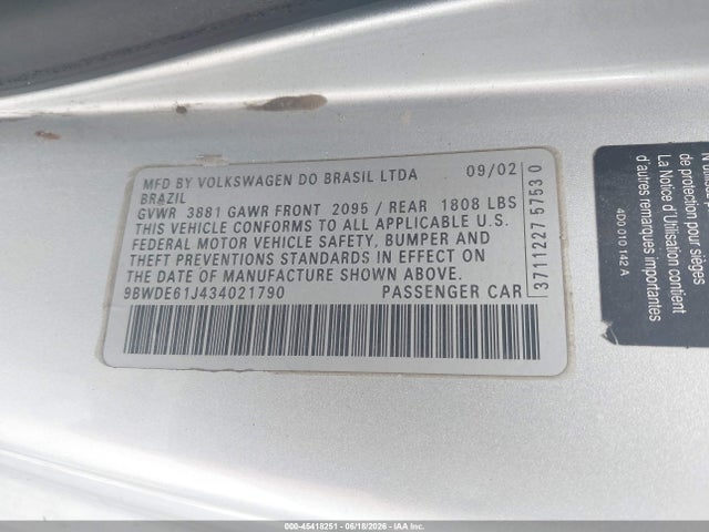 2003 Volkswagen Gti 1.8t მანქანა იყიდება აუქციონზე, vin: 9BWDE61J434021790, აუქციონის ნომერი: 45418251