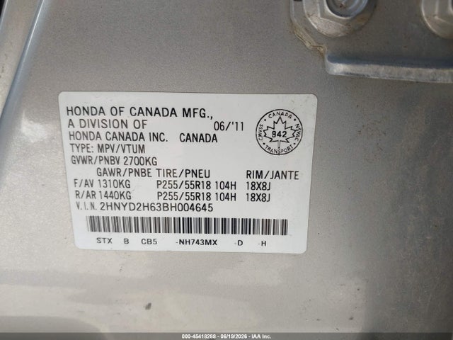 45418288 :رقم المزاد ، 2HNYD2H63BH004645 vin ، 2011 Acura Mdx Technology Package مزاد بيع
