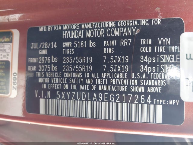 5XYZUDLA9EG217264 Hyundai Santa Fe Sport 2.0l Turbo