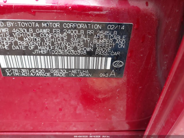 Продажа на аукционе авто 2014 Lexus Is 250, vin: JTHBF1D23E5030398, номер лота: 45418320
