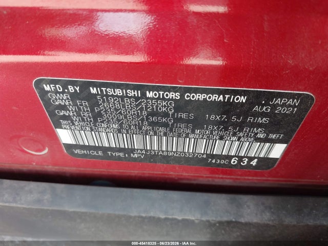 45418325 :رقم المزاد ، JA4J3TA89NZ032704 vin ، 2022 Mitsubishi Outlander Es 2.5 2wd مزاد بيع