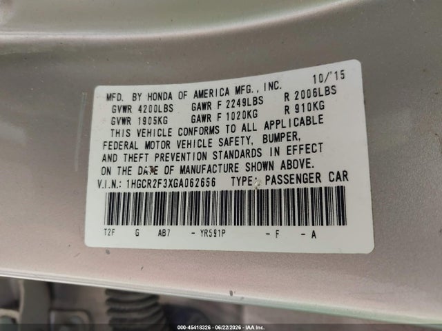 Honda ACCORD LX 2016 1HGCR2F3XGA062656 Image 9