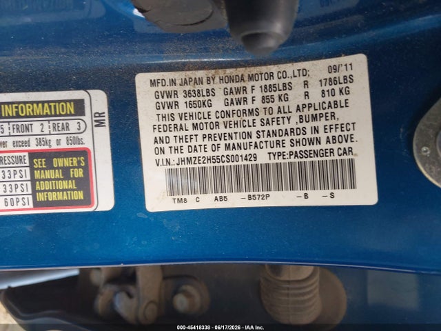 45418338 :رقم المزاد ، JHMZE2H55CS001429 vin ، 2012 Honda Insight Lx مزاد بيع