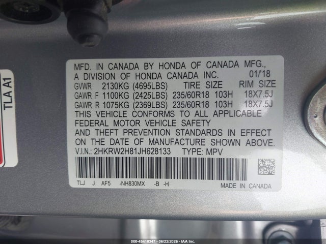 Продаж на аукціоні авто 2018 Honda Cr-v Ex-l/ex-l Navi, vin: 2HKRW2H81JH628133, номер лоту: 45418347