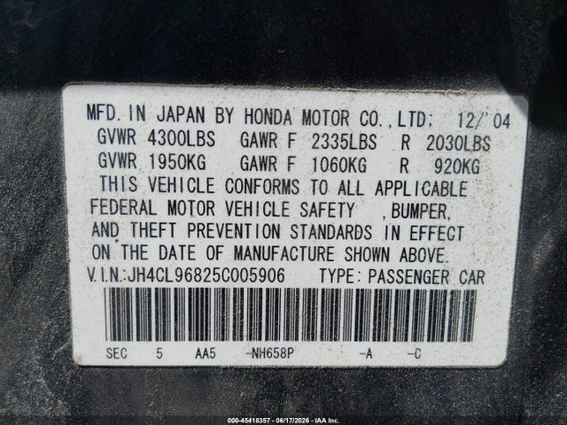 45418357 :رقم المزاد ، JH4CL96825C005906 vin ، 2005 Acura Tsx مزاد بيع