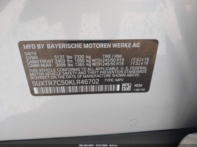 Продажа на аукционе авто 2019 Bmw X3 Sdrive30i, vin: 5UXTR7C50KLR46702, номер лота: 45418367