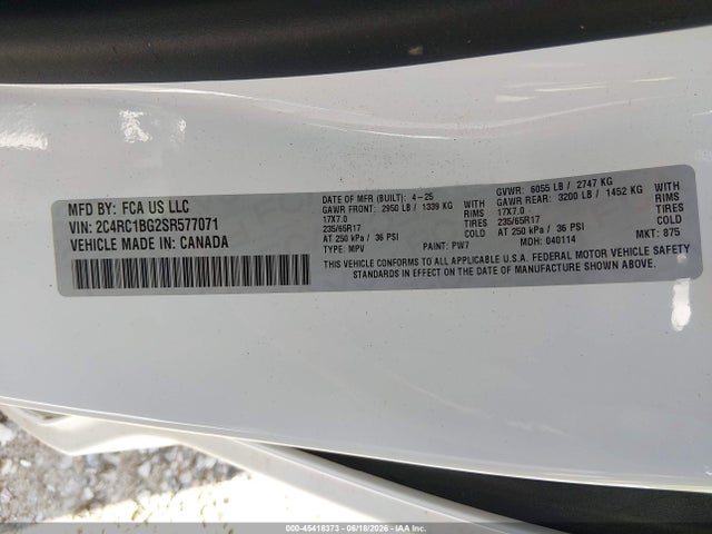 Aukcja sprzedaży 2025 Chrysler Pacifica Select, vin: 2C4RC1BG2SR577071, numer aukcji: 45418373